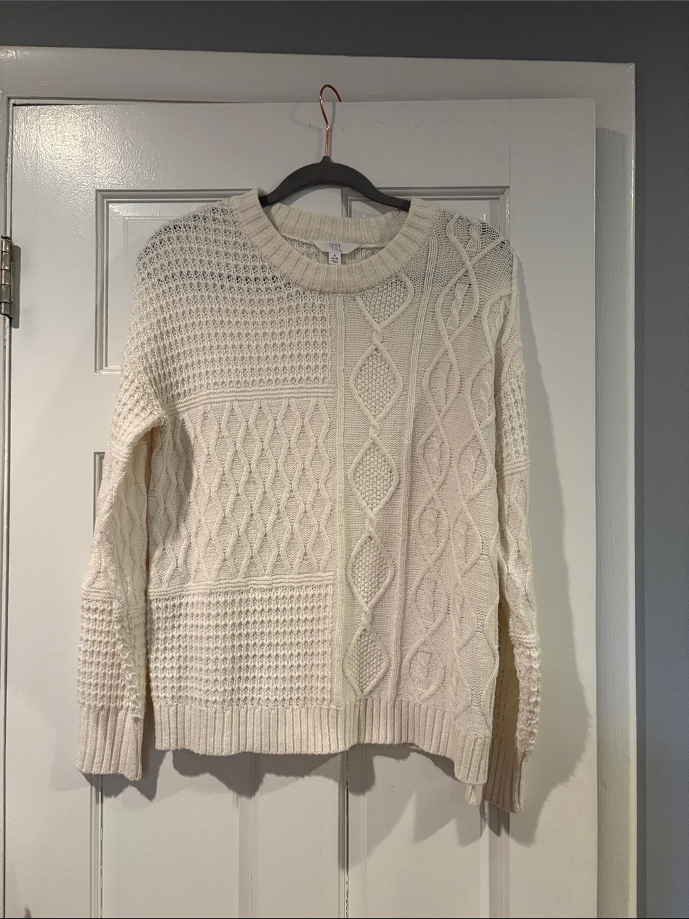 Time and Tru Cream Mixed Cable & Waffle Knit Crewneck Sweater